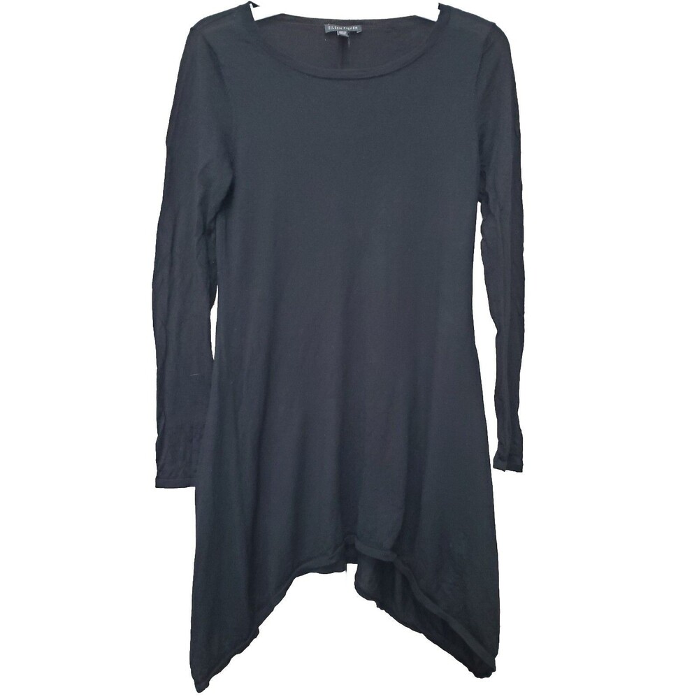 Eileen Fisher Black 100% Merino Wool Long Sleeve Shark Bite Hem Sweater Size XS
